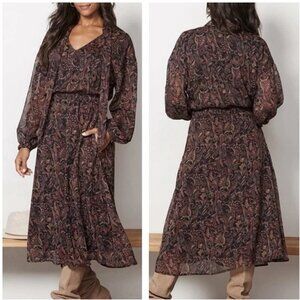 Evereve Eliza Midi Dress Tie Neck Paisley Print Pockets Chiffon Brown Small
